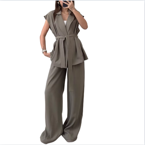 Costume décontracté uni pour femmes, sans manches, avec pantalon large et court - Product Image 5