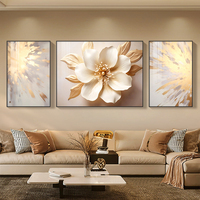 Hochwertiges Abstraktes 3-teiliges Leinwandbild mit Weißen Blumen und Goldblättern, Gedrucktes Blumenmotiv für Wohnzimmer-Dekoration