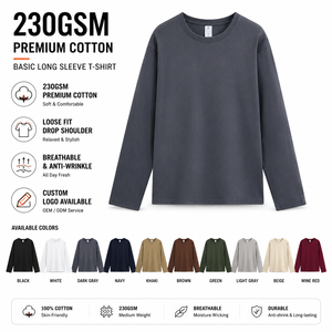 เสื้อยืดแขนยาวผู้ชาย ผ้าคอตตอนหนา 230GSM ทรงหลวม ไหล่ตก สไตล์สตรีทแวร์พื้นฐาน สีพื้นลำลอง รับสกรีนโลโก้ OEM/ODM - Product Image 2
