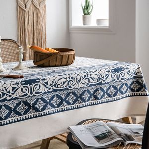 Customized Dustproof Floral Pattern Nordic Style Cotton Linen Tablecloth Printed Blue White Porcelain Vintage For - Product Image 2