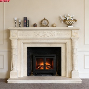 Cheminée en marbre de pierre calcaire sculptée YOUFINE, manteau en pierre crème avec cadre de foyer de style classique, taille personnalisée - Product Image 1