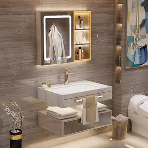 Set wastafel ganda 150cm mewah mengambang, kabinet Modern kamar mandi meja rias Led cermin dinding berlampu - Product Image 4