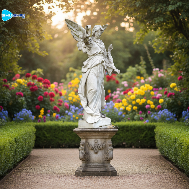 Villa Garden Decoration Hand Made Natural Stone Figure Sculpture Life Size White Marble  Angel Statue