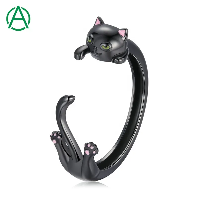 ArthurGem Popular Design 925 Sterling Silver Ring Cute Black Cat Silver Ring Women Fashion S925 Opening Simplicity Ring