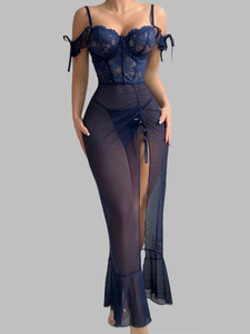Robe de nuit élégante pour femme, style estival, sexy, en dentelle patchwork, épaules dénudées, en maille transparente, couleur unie - Product Image 6