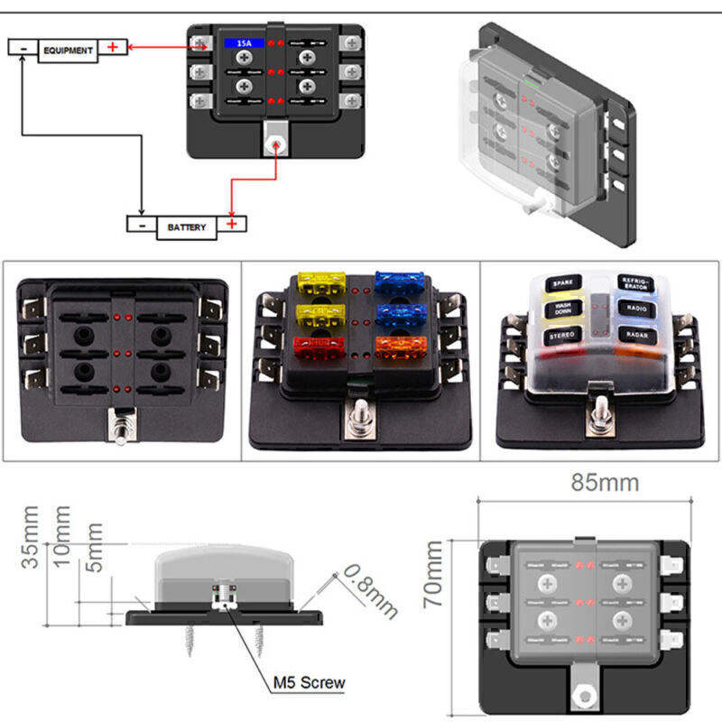 6 Way Fuse Block Blade Auto Fuse Block DC12~32V Holder Block Box With ...