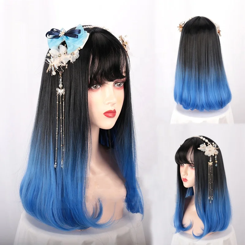 Periwinkle Blue & White Ombré Gothic Lolita Wig Anime Cosplay Costume AOSI Synthetic Women Lolita Wavy Curly Ombre Blue Mint Color  main image 3