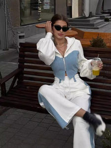 Bán Buôn Giá Logo Riêng Tùy Chỉnh Dài Tay 2Pcs Thời Trang Top + Quần Dài Chắp Vá Vải Denim Dây Kéo Phụ Nữ Quần Áo Set - Product Image 4