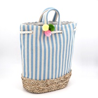 Sac à main en toile rayée avec pompon pour femmes, personnalisé, grande capacité, en paille, avec cordon de serrage,