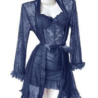 Ensemble de lingerie en dentelle 2 pièces pour femme, corset en maille transparente, mini-robe, robe de nuit à manches longues, vêtements de nuit