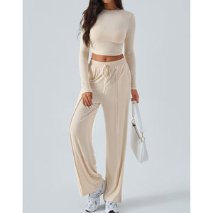 Conjunto de 2 piezas Y2K, Top corto y pantalones largos para mujer de otoño e invierno, pantalones largos informales de pierna ancha a la moda para mujer - Product Image 2