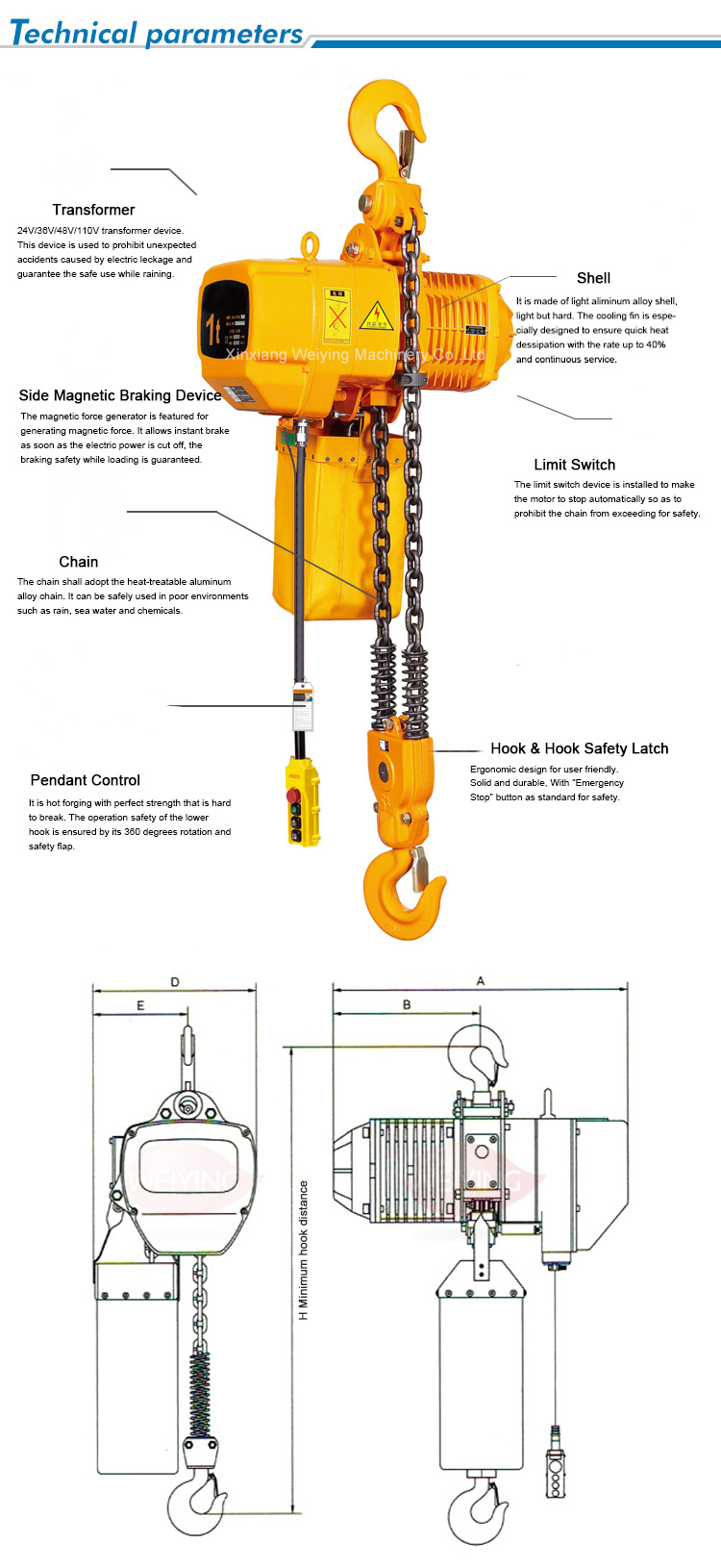 Industrial Strong Transporting Electric Chain Hoist 7.2m / Min 30m 380V
