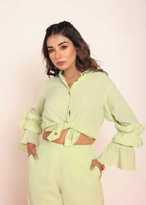 Chemise à volants vert lime pastel pour femme, hauts décontractés, chemisier tendance et élégant pour l'été, chemise de bureau confortable - Product Image 3