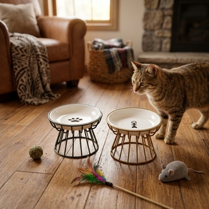 Cuenco de Cerámica <span class=keywords><strong>para</strong></span> Mascotas, Estilo Nórdico, Elevado, <span class=keywords><strong>para</strong></span> <span class=keywords><strong>Comida</strong></span> de Gato, con Diseño Antiderrames y Amigable con el Cuello, con Patrón de Huella de Pata de Pez - Product Image 1