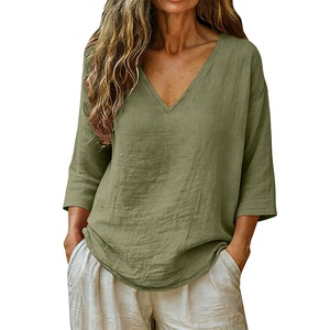 Blus Kerah V Berkerut yang Bernapas untuk Wanita, Lengan 3/4, Model Longgar, Desain Ramah untuk Musim Panas, Cocok untuk Pakaian Sehari-hari - Product Image 1