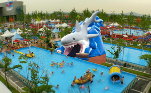 Phổ biến trên mặt đất di động chất lượng cao Inflatable cá mập trượt nước 8*4.5m vật liệu PVC cho khung kim loại hồ bơi công viên nước - Product Image 3