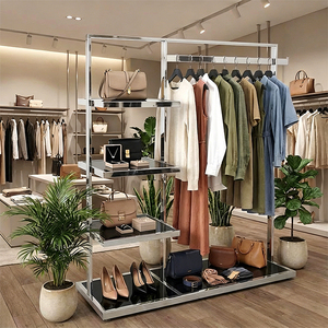 Moderno Perchero de Acero Inoxidable de 3 Niveles con Estantes para Exhibición en Tiendas y Boutiques - Product Image 2