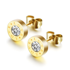 Rose Gold Plated Love Engraved <b>Stud</b> <b>Earrings</b> 8mm Round Bezel Set <b>Crystal</b> Women's Fashion Jewelry Gift - Product Image 4