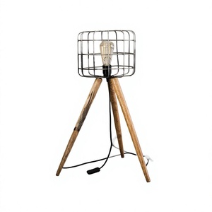 Industrial Modern Tripod Floor Lamp <b>LED</b> E27 White <b>Wire</b> Cage Shade Wood Leg Bedside Reading <b>Light</b> for Living Room Bedroom - Product Image 1