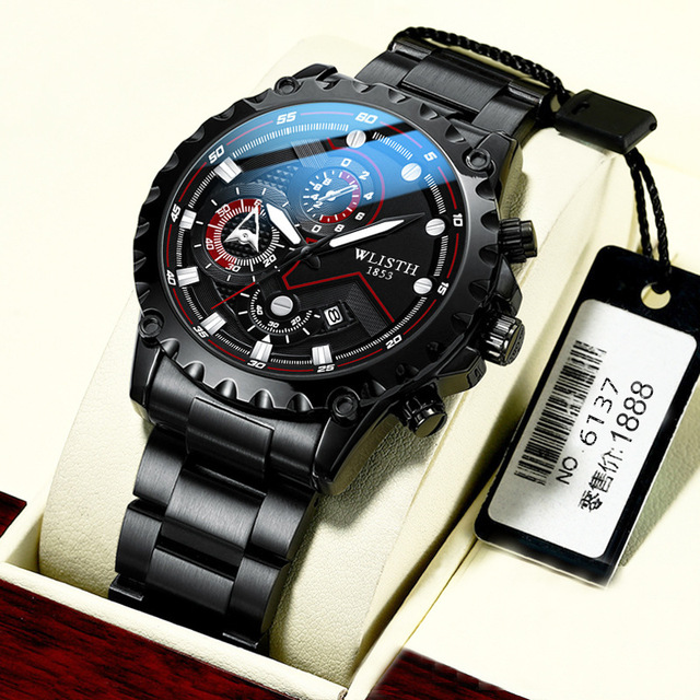 Wlisth 6137 Full Black Luxury Night Light Date Display Wrist Watch Quartz Movement 44mm Stainless Steel Fashion Business Watches