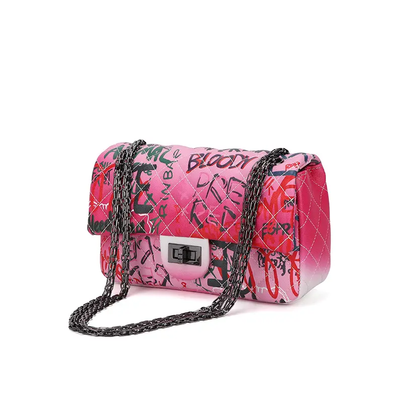 Bolso bandolera de mujer con cadena de diamantes y letras de grafiti de tendencia hip-hop de color caramelo de alta calidad