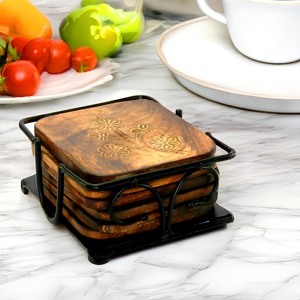 Wooden Coasters <b>Set</b> of 6 with Iron Holder <b>Round</b> Tea Coffee Cup Coaster <b>Set</b> <b>for</b> <b>Dining</b> <b>Table</b> Home Kitchen Office Decor - Product Image 3