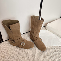 Bottes d'équitation pour femme en cuir véritable, à talon épais, bout rond, à enfiler, avec boucle, hauteur mi-mollet, pour l'hiver