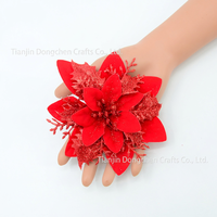 Bunga Poinsettia Buatan Berlapis Glitter Emas Natal 13CM, Aksesoris Untuk Pohon Natal dan Karangan Bunga