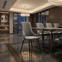 Chaise de salle à manger ergonomique moderne en velours capitonné avec dossier, pieds en fer noir et assise décorative pour la maison, le bureau, l'appartement, le bar à domicile