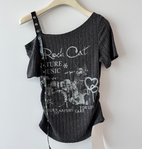 T-<span class=keywords><strong>shirt</strong></span> asymétrique <span class=keywords><strong>vintage</strong></span> imprimé chat <span class=keywords><strong>rock</strong></span>, bretelles réglables, streetwear Y2K pour <span class=keywords><strong>femme</strong></span>, coton/fibre de bambou - Product Image 6
