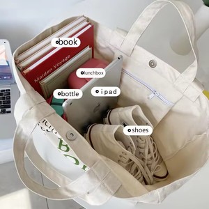环保帆布手提袋定制标志可重复使用带模型平纹面料中号日用旅行热转印12盎司食品 - Product Image 4