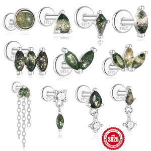 Aquatic Agate Wholesale Fashion S925 Silver New Arrival Jewelry <strong>Moss</strong> Agate Stud Piercing Earrings for Women - Product Image 1