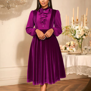 AM050621 Vintage colletto rialzato con bottone con volant manica lunga a linea viola <span class=keywords><strong>velluto</strong></span> <span class=keywords><strong>Midi</strong></span> formale da chiesa abito Casual da donna - Product Image 1