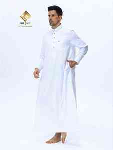 Al Haramain <b>Men's</b> White Cotton <b>Thobe</b> Shirt Collar Long Sleeve Floor Length Modest Prayer Robe Solid Color Regular Fit - Product Image 2