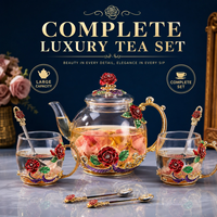 Service à thé de luxe en verre épais résistant à la chaleur, compatible lave-vaisselle, sans BPA, avec théière, tasse à café, cuillère et coffret cadeau pour femme, idéal pour mariage