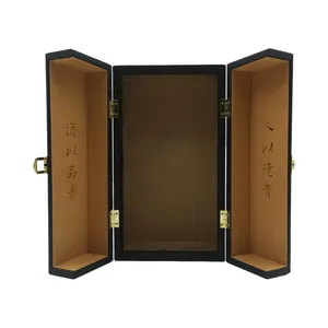 Wholesale Premium Black PU Leather Wooden Packaging Gift Box Luxury Whiskey Empty Wine Box with Hinge and Metal Lock