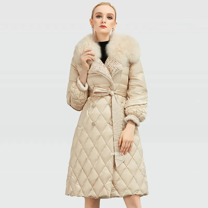 JANVENY 하이 엔드 불규칙한 여우 모피 칼라 다운 재킷 여성 겨울 2021 더블 브레스트 랜턴 슬리브 긴 허리 호흡기 코트