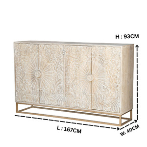 Hand-Carved Wooden <b>Sideboard</b> Cabinet with Floral Sunburst Design | Antique White <b>Storage</b> Console with Metal Base | Living Room - Product Image 3