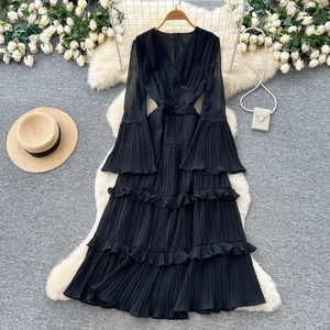 Vintage V-neck Dress Women's Elegant Long Sleeve <b>Glitter</b> Tiered Hem Maxi Dress - Product Image 5
