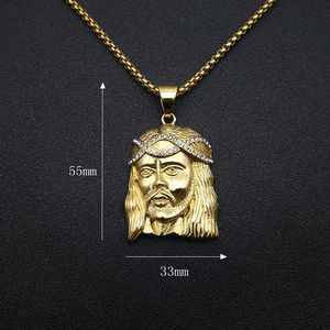 Collier pendentif visage de Jésus plaqué or, en acier inoxydable avec sertissage pavé, bijou unisexe, cadeau, chaîne - Product Image 3