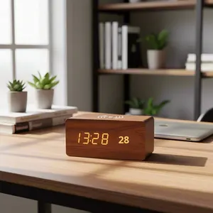 ساعة <span class=keywords><strong>LED</strong></span> متعددة الوظائف مع شحن لاسلكي، ساعة خشبية مستطيلة الشكل للمكتب بشاشة كبيرة لعرض درجة الحرارة والتاريخ والمنبه والعرض الشهري - Product Image 3