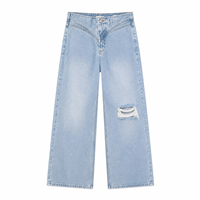 Logo Kustom Celana Jeans Wanita Pinggang Tinggi Model Ripped Wide Leg Gaya Eropa Amerika Kasual Fashion Celana Lurus Pabrik