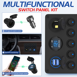 Waterproof 5 Gang 12V Dot Led Round Marine Rocker Switch Panel Car Cigarette Lighter Digital Voltmeter Usb <b>Socket</b> Switch Panel - Product Image 3