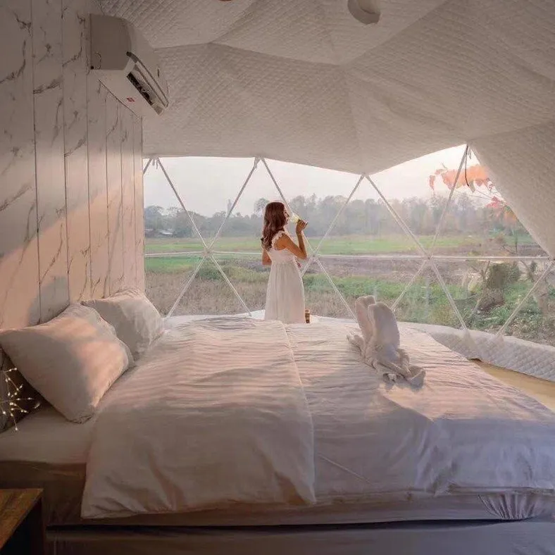خيمة منزلية بقبة جيوديسية ، مستلزمات رياضية, خيمة منزلية مزودة بقبة للتزيين في الهواء الطلق ، 6 م ، 7 م ، 8 م ، ملائمة للفنادق في تايلاند ، مع مكيف هواء
