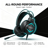 Casque de jeu RGB de niveau débutant, casque de jeu filaire supra-auriculaire avec haut-parleurs de 50 mm pour joueur/PC