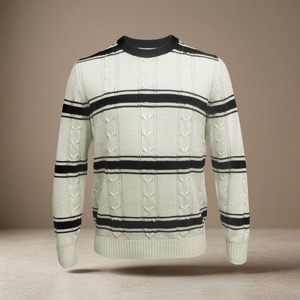Pull en tricot à col rond pour homme, à rayures noires et blanches, ajouré, à manches longues - Product Image 4