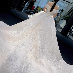 Dreamy Starry Sky Wedding Dress Off Shoulder Sweetheart Neckline Ball Gown High Waist Radiant Taffeta Beading Train Gown - Product Image 3
