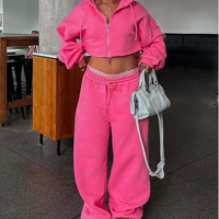 Ensemble de survêtement pour femme en coton de haute qualité, comprenant un sweat à capuche court zippé et un pantalon de survêtement ample à jambes larges, personnalisable et surdimensionné