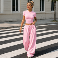 Ensemble de survêtement pour femme, t-shirt court ajusté et pantalon large taille haute, 100% coton imprimé, style Y2K street sporty, 2 pièces