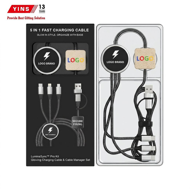 Custom LED Luminous Logo 5-in-1 Multi Charging Cable Braided Fast Charging Cord Slider Corporate Promotional Gift Set Printer